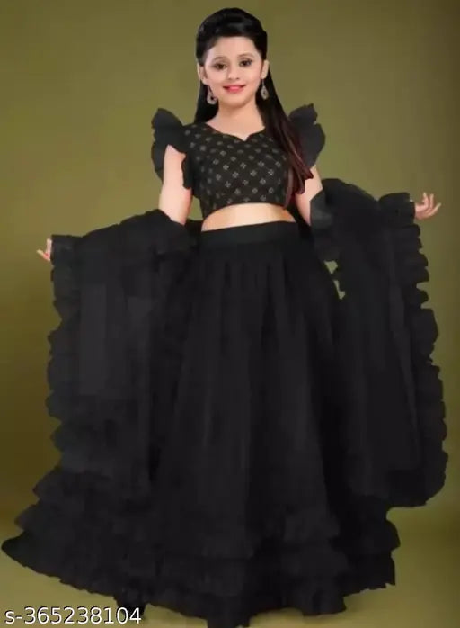 Satin & net partywear lehenga choli set for girls aged 12-16, embroidered ruffle style, semi-stitched