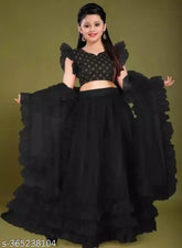 Satin & net partywear lehenga choli set for kids girls, sleeveless, embroidered ruffle stitch, 12-16 years