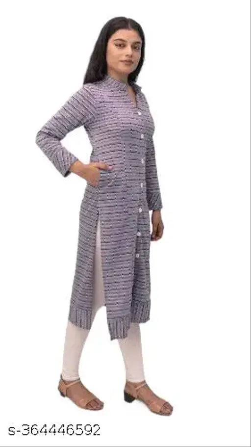 Woolen women's kurti in winter colors, featuring a round collar, long sleeves, and single pocket - handcrafted Indian woolen fashion