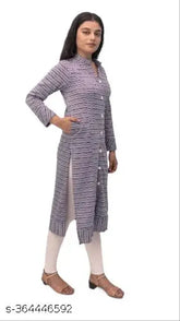 Woolen women's kurti in winter colors, featuring a round collar, long sleeves, and single pocket - handcrafted Indian woolen fashion