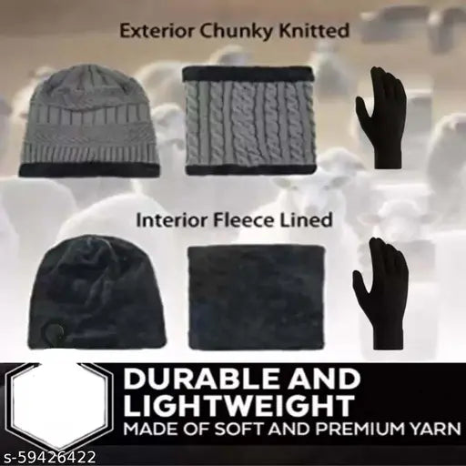 Unisex grey woolen premium quality beanie cap set with neck warmer and gloves - soft fur winter wear for men, women, and children