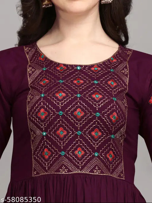 Rayon, embroidered Laxmi wine kurtis with three-quarter sleeves, India-origin fashion for women (S: 36", M: 38", L: 40", XL: 42", XXL: 44")