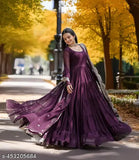 Purple embellished anarkali designer gown, long sleeves, georgette fabric. Elegant formal evening wear for women, floral prints, Indian origin
