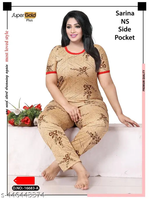 Short-sleeve printed nightwear set in net material, high-quality pyjama top and bottom from IVANYAS NEW NIGHTSUIT, available in L, XL, Free Size