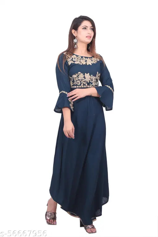 Rayon women's mehndi-code embroidered long kurta with three-quarter sleeves, round neck, and Indian origin