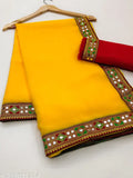 Yellow Georgette mirror work lace saree with matching dupion silk blouse, perfect for parties