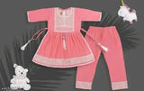 Embroidered rayon A-line kurta set for girls baby, harem pants above knee, no dupatta, three-quarter sleeves, Indian origin