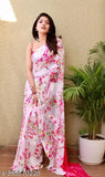 Printed White Georgette Saree with Solid Georgette Blouse, delicate floral design, free size, India