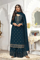 Embroidered Georgette Sharara Suit Design, free size Indian kurta with dupatta and bottomwear in three-quarter sleeves