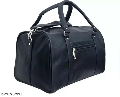 Black faux leather duffel bag, regular capacity for travel - 30L, shoulder style with solid pattern