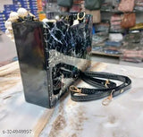 Marble design pearl handle PU sling bag, elegant accessory for modern women, printed net pattern, free size