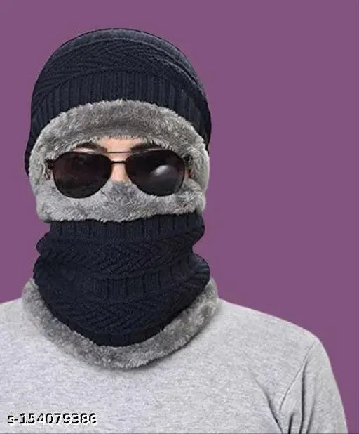 Wool-lined acrylic cap & neck scarf (Pack 1), men's winter fashion, soft & warm fur interior