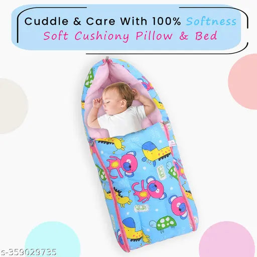 Cotton three-quarter sleeve Baby 2 in 1 Sleeping Bag/Carry Bag/Bedding Set/Gift Set (printed net design), suitable for 0 to 9 months