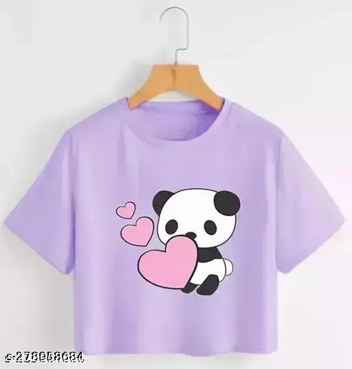 Fancy elegant printed cotton crop top, trendy women's t-shirt in panda design, India origin