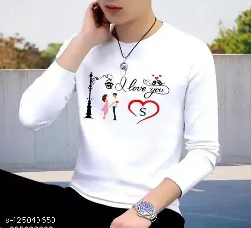 Men's white polyester full sleeve t-shirt with printed typography alphabet design, suitable for size S to XXL