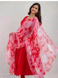 Red rayon anarkali kurta set with dupatta and jumka, solid pattern, Indian traditional women's outfit for formal occasions