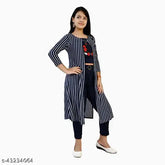 Striped viscose dress set for girls aged 8-13, featuring blue checked western wear with embroidery and three-quarter sleeves