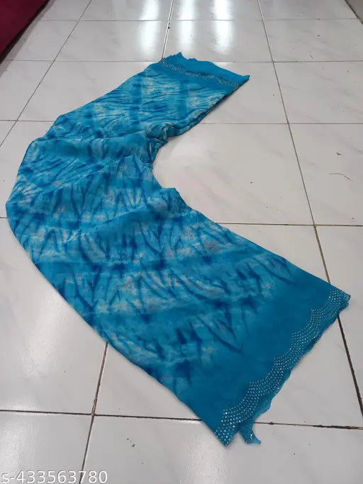 Fancy Shibori printed Georgette saree with Swarovski border, Indian hand-dyed saree with embellished net blouse, suitable for daily or special occasions, dry clean first wash then hand wash