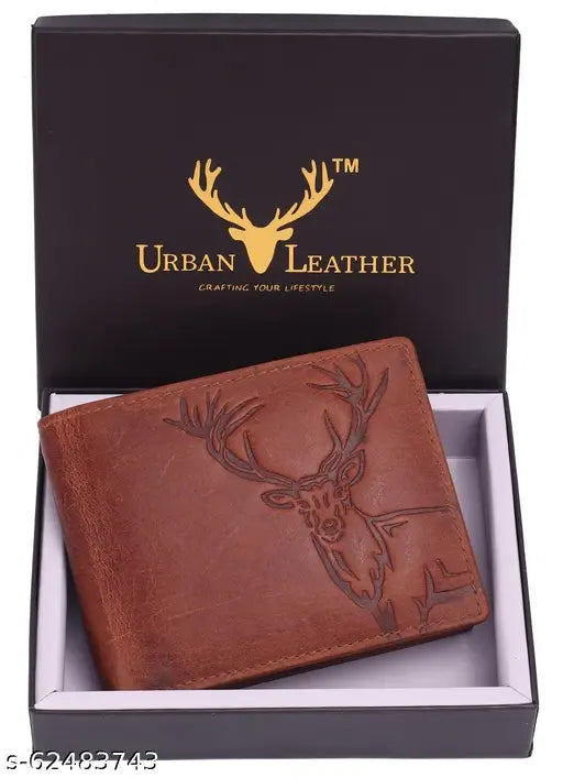 Vintage tan leather elk print RFID blocking men's wallet with 5 compartments, urban design