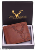 Vintage tan leather elk print RFID blocking men's wallet with 5 compartments, urban design