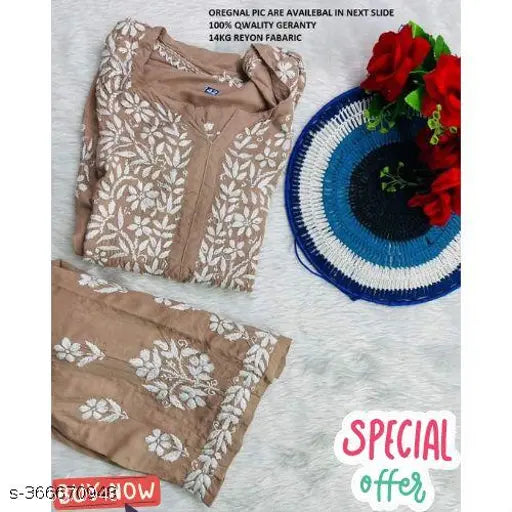 Embroidered rayon kurti & palazzo set, three-quarter sleeves, Indian Chikankari work on soft Rayon fabric for women's fashion