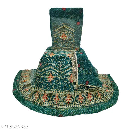 Embroidered Georgette Rajputi Poshak set for women, featuring choli, dupatta, lehenga, and odhni. High-quality Indian craftsmanship with Aari embroidery and stones