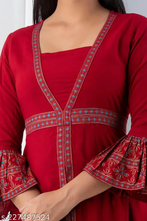 Maroon rayon frontslit kurta with three-quarter sleeves, solid design. Lightweight ethnic wear from India