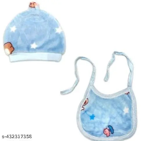 Keshuyoka woolen new born winter wear (0-3 months) set of 5 pcs: printed long sleeve baby bib, pajamas, top, and cap