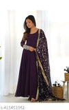 Purple embroidered Georgette flared Kurta set (pack of 3) - Indian women's party wear, long sleeve, solid pattern, traditional Anarkali gown