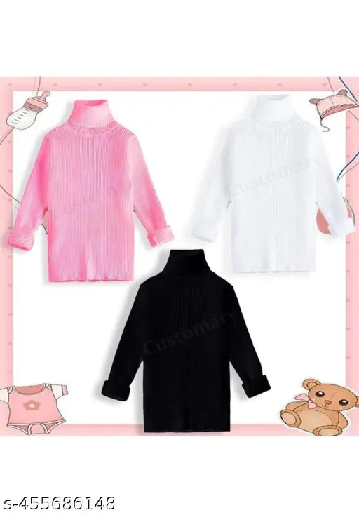 Cotton high neck woolen sweater combo for kids, featuring pink, white, black designs suitable for ages 1-8. Ideal for colder months." (92 characters)