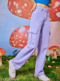 Lavender cotton blend cargo pant for women, high waist, functional pockets, zipper fly closure - perfect for casual daily wear, weekend, street, outdoors. Elastic size S: 39.4in x 24in x 38.6in, machine washable. Made in India