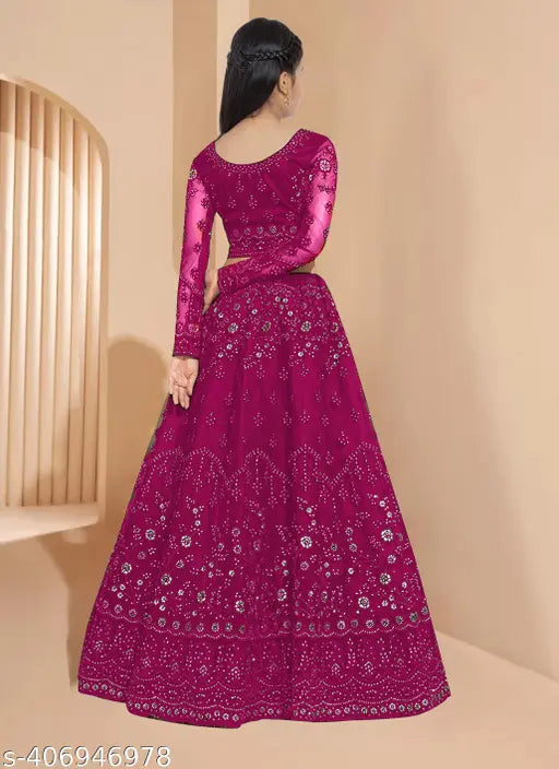 Embroidered net lehenga and dupatta set for kids aged 7-14 years, handcrafted Indian kidswear with long sleeves