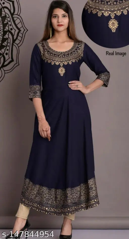 Navy blue flared rayon embroidery work Anarkali Kurti, women's ethnic wear for festive occasions or parties