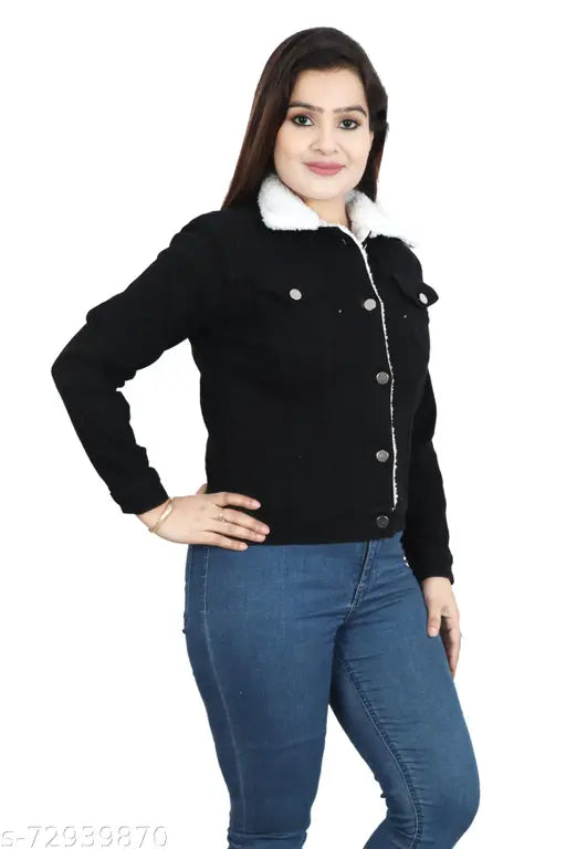 Black denim fur jacket, solid pattern, long sleeves. High-quality Indian-made coat with a focus on comfort and design