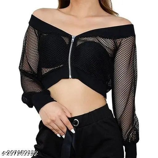 Cotton blend mesh crop jacket for women, solid color, long sleeves - India