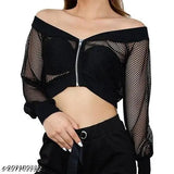 Cotton blend mesh crop jacket for women, solid color, long sleeves - India