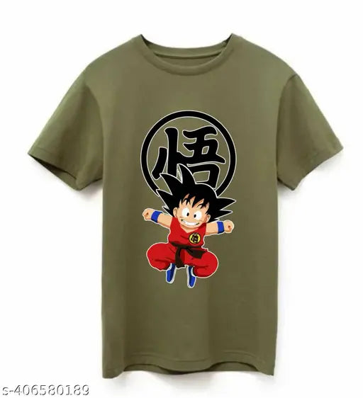 Green cotton blend Goku printed half sleeves t-shirt, regular fit premium casual wear for men