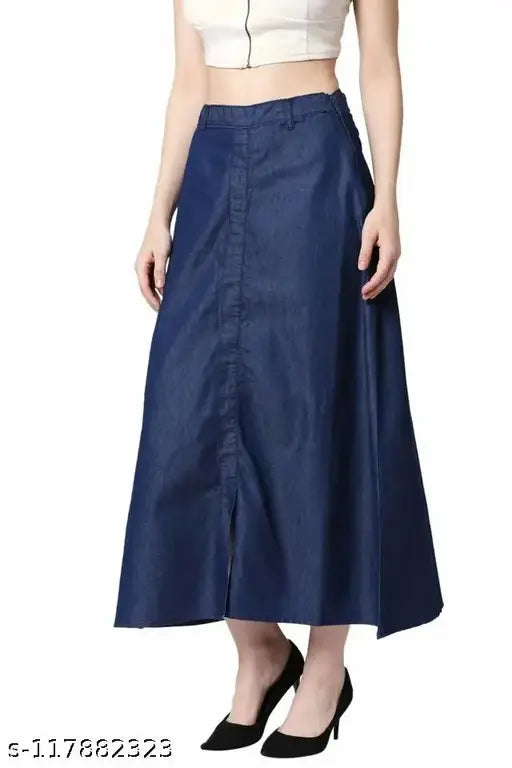 Blue denim women's long skirt, casual Western style, versatile and flattering design, ideal for all seasons, high-quality denim fabric, A-line, classic blue color, perfect for plus sizes, length 34 inches, sizes available: 26-44 inches (waist & length), made in India