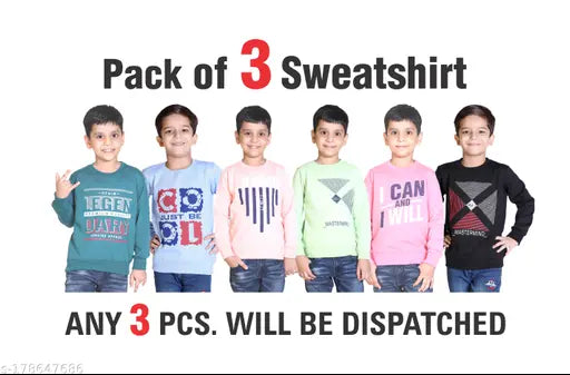 Boys sweatshirt RN 3pcs combo, wool long-sleeve printed sweatshirts for kids, various sizes from 3-4 to 10-11 years old, made in India