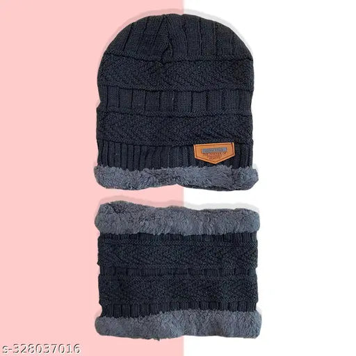 Black woolen winter beanie cap with neck warmer muffler combo for men and women - Indian handmade 2-in-1 warm accessory for outdoors