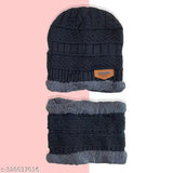 Black woolen winter beanie cap with neck warmer muffler combo for men and women - Indian handmade 2-in-1 warm accessory for outdoors
