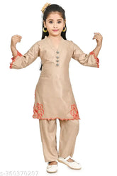Brown polycotton kids kurti pant set with three-quarter sleeves and embroidered net pattern. Medium size for ages 6-7 years, displayed on a hanger