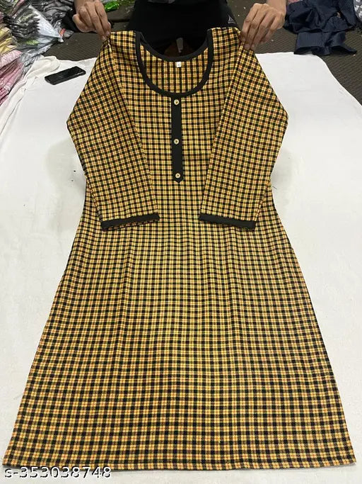 Yellow woolen checkered kurti for women, three-quarter sleeves, winter trend from India