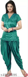 Solid green satin pyjama set for women, featuring v-neck top with ruffled half sleeves and patiala pants, luxurious lace details, made in India