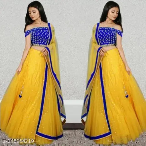 Yellow satin lehenga-choli and net dupatta set, featuring intricate embroidery on a semi-stitched design for women's partywear, Indian origin
