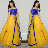 Yellow satin lehenga-choli and net dupatta set, featuring intricate embroidery on a semi-stitched design for women's partywear, Indian origin