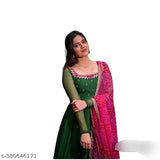 Green mirror work Georgette maxi dress with embroidered net dupatta, featuring digital print and stonework on ghera. Suitable for casual dressing." (123 characters)