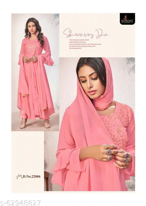 Georgette long kurti set with dupatta & bottomwear - printed Indian fashion ensemble for XL sizes (41in bust, 32in waist, 38in length)