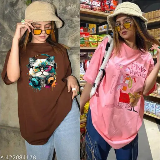 Fancy cotton blend printed oversized round neck t-shirt for women and girls, short sleeves, India