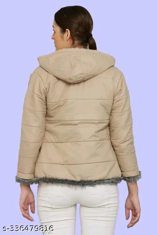 Nylon quilted bomber jacket with fur-line hood, solid color, women's winter wear